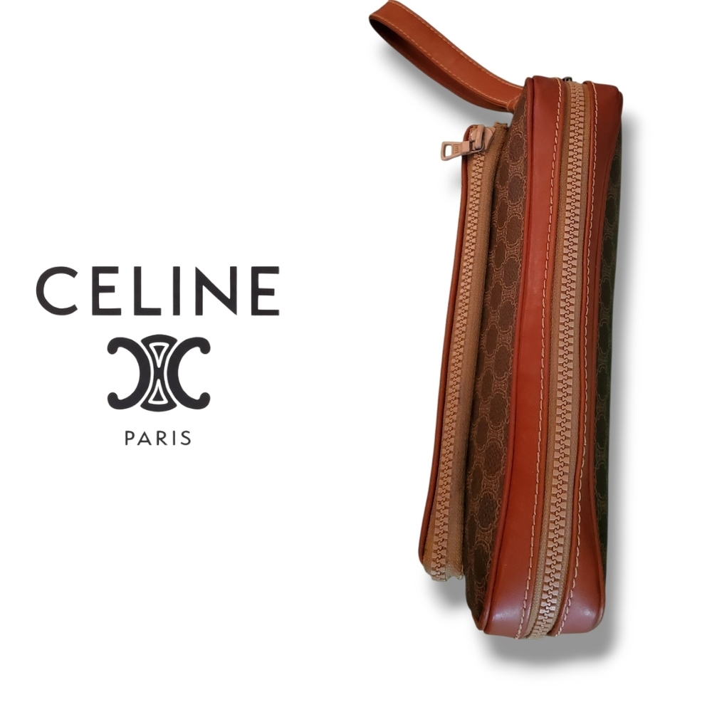 Vintage Celine Y2K Macadam Brown Monogram Clutch Leather Strap Pouch - Picture 6 of 15